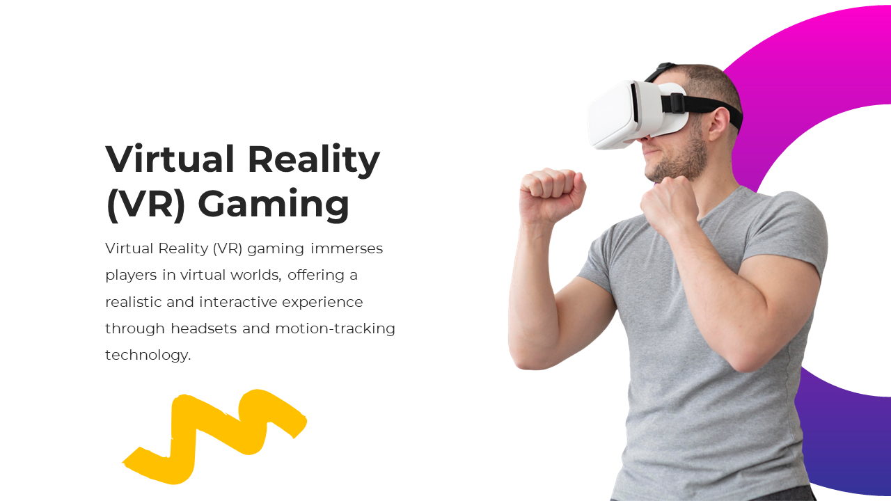 A man wearing a VR headset, engaged in virtual gameplay, with bold black text and curved purple and yellow shapes.