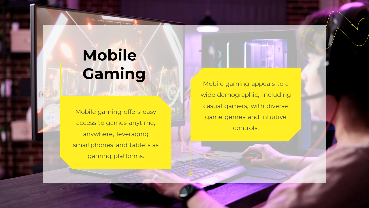 A person seated at a desk playing a game on a large screen, overlaid with two geometric yellow shapes with text.