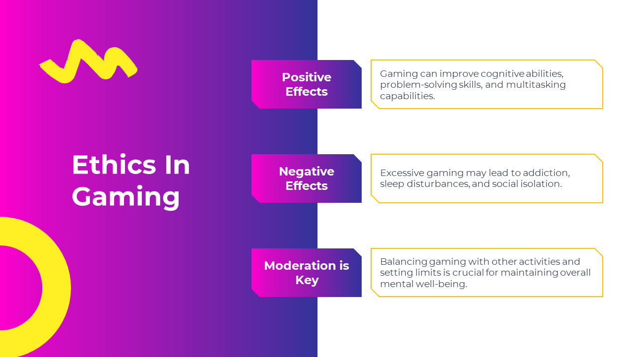 Colorful purple and pink gradient with yellow graphic shapes, arranged with three text boxes about gaming ethics.