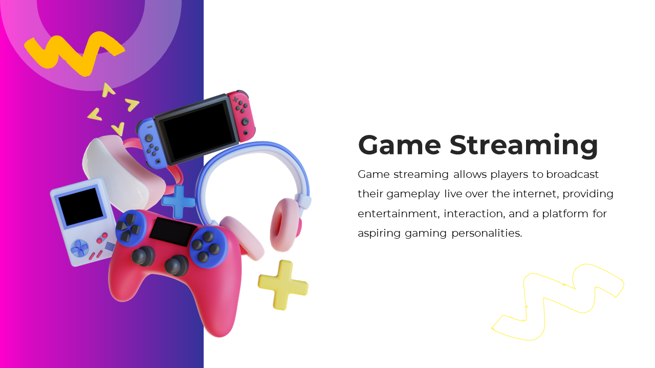Vibrant pink and purple gradient background with various gaming devices in a scattered arrangement with yellow accents.