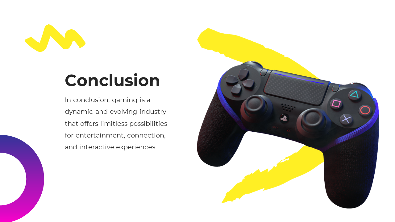 Conclusion slide with a playstation controller on a white background, featuring abstract shapes in yellow, pink, and purple.
