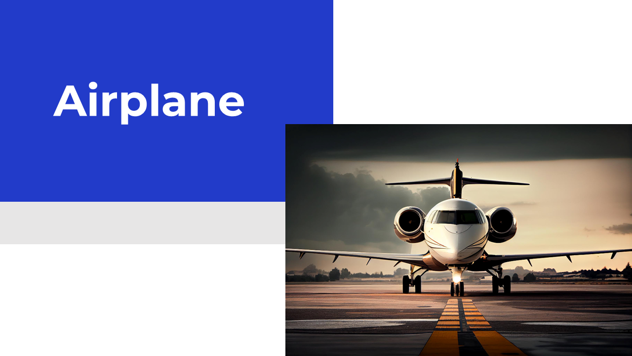 Slide with a bold title on a blue box and a photo of an airplane on the runway, ready for takeoff.