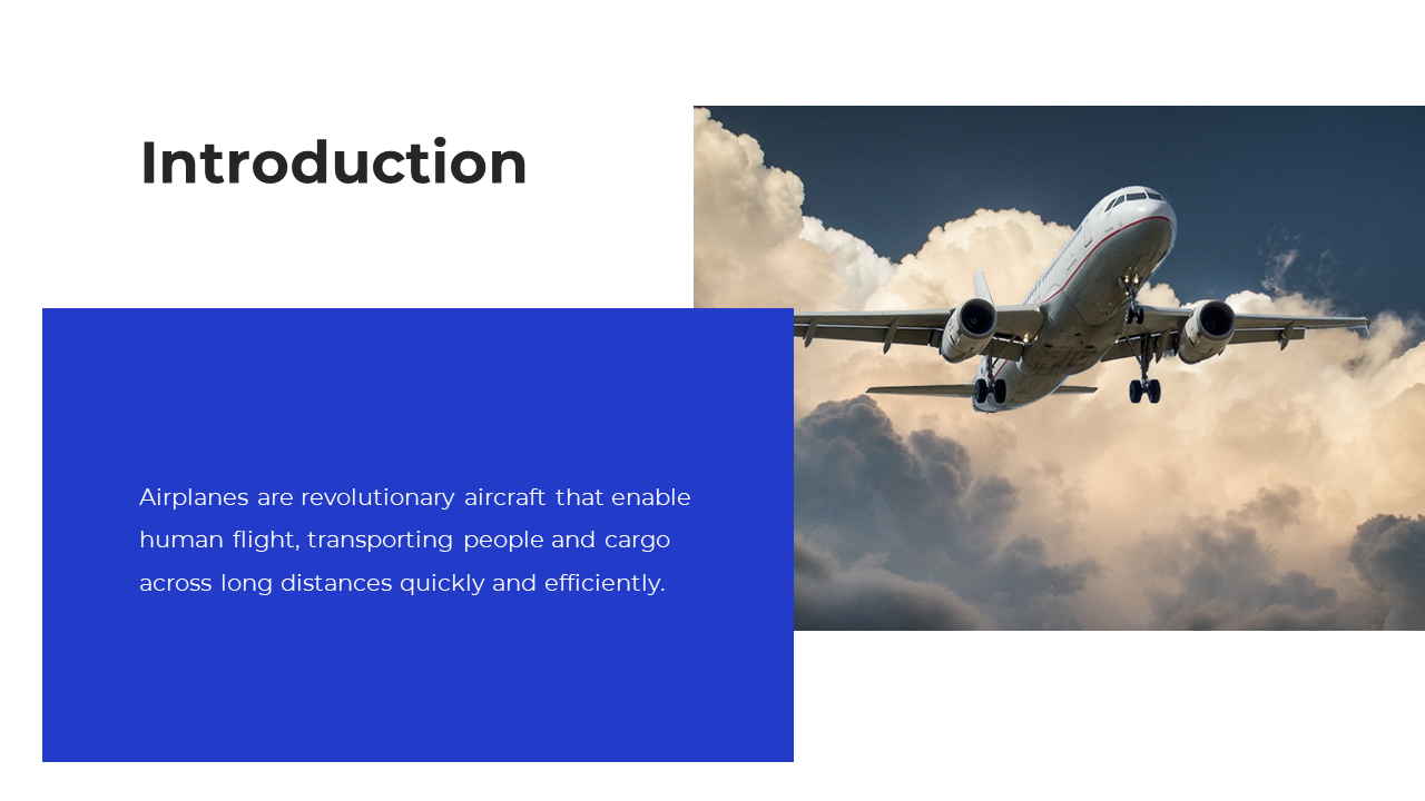 Introduction slide with an image of an airplane flying, and a blue text box on the left, against a white backdrop.