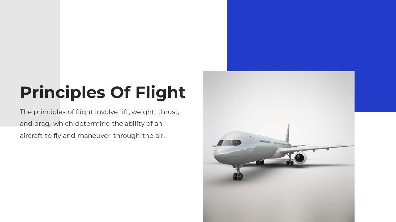 Slide with an airplane image and text explaining the principles of flight, with blue accents, set on a white backdrop.