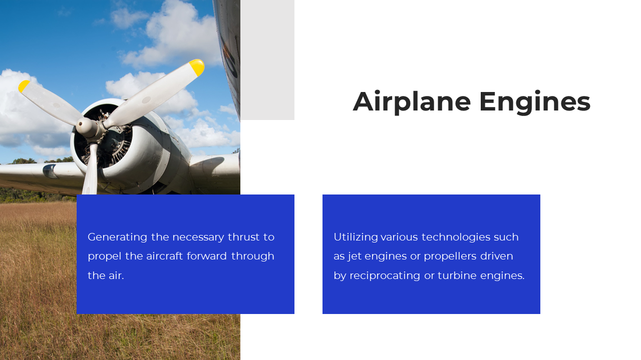 Slide featuring a propeller airplane engine image, and two blue text boxes, on a white background.