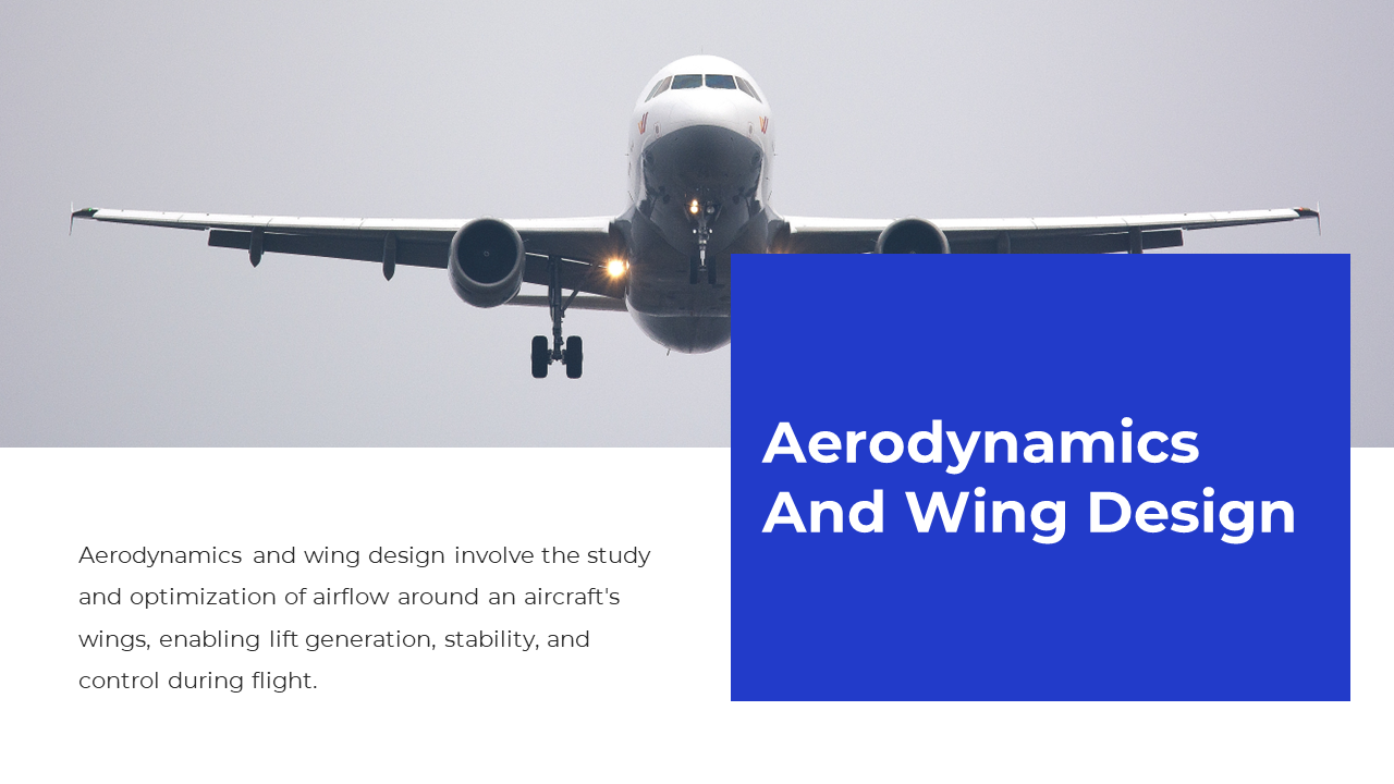 White slide with an airplane image in flight, and a blue text box about aerodynamics and wing design.