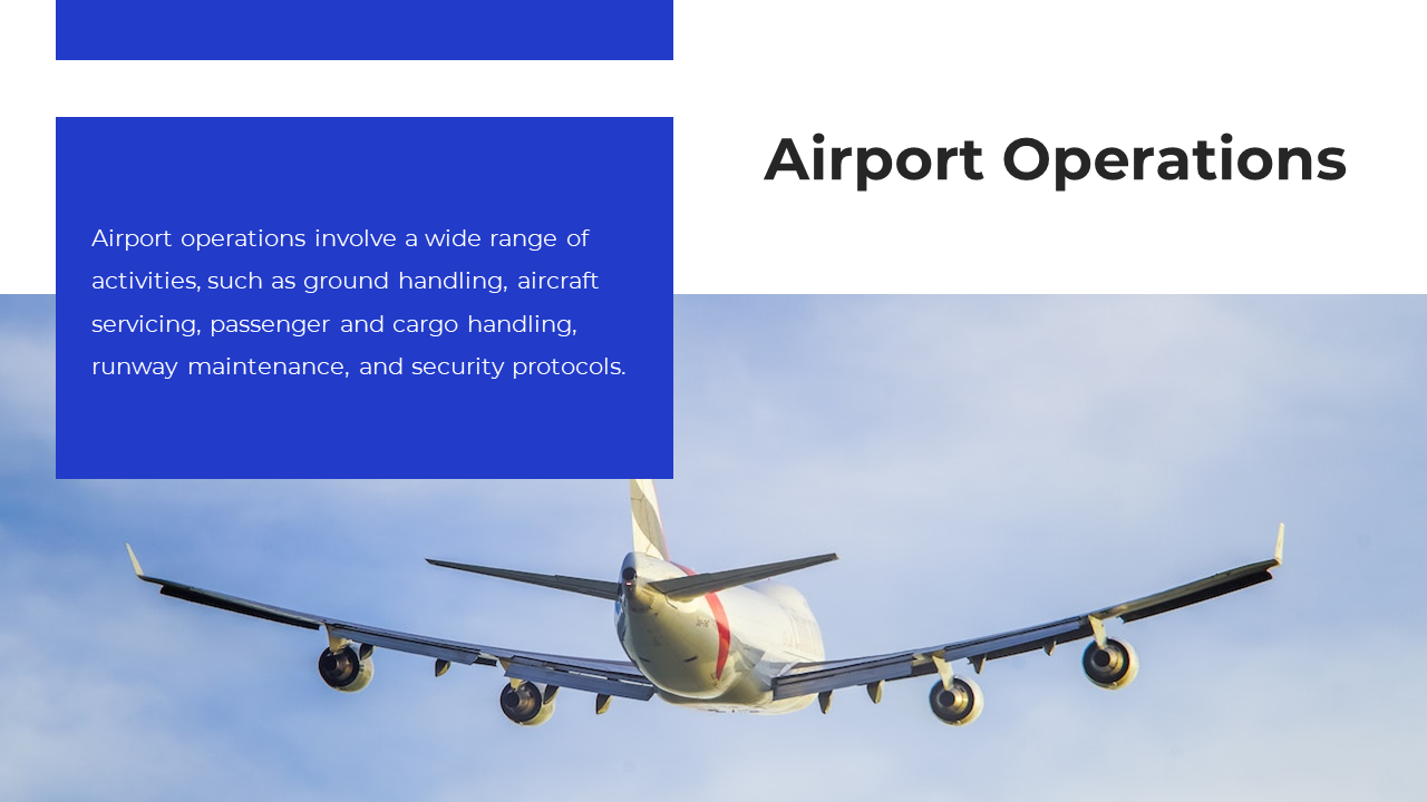 Slide with an airplane flying in the sky and text on airport operations in a blue box on the left.