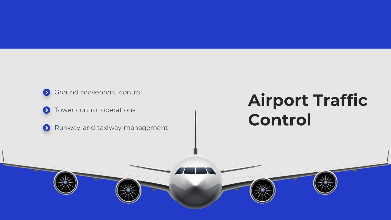 Blue themed design with an airplane image at the bottom, and three bullet points, on the central white section.