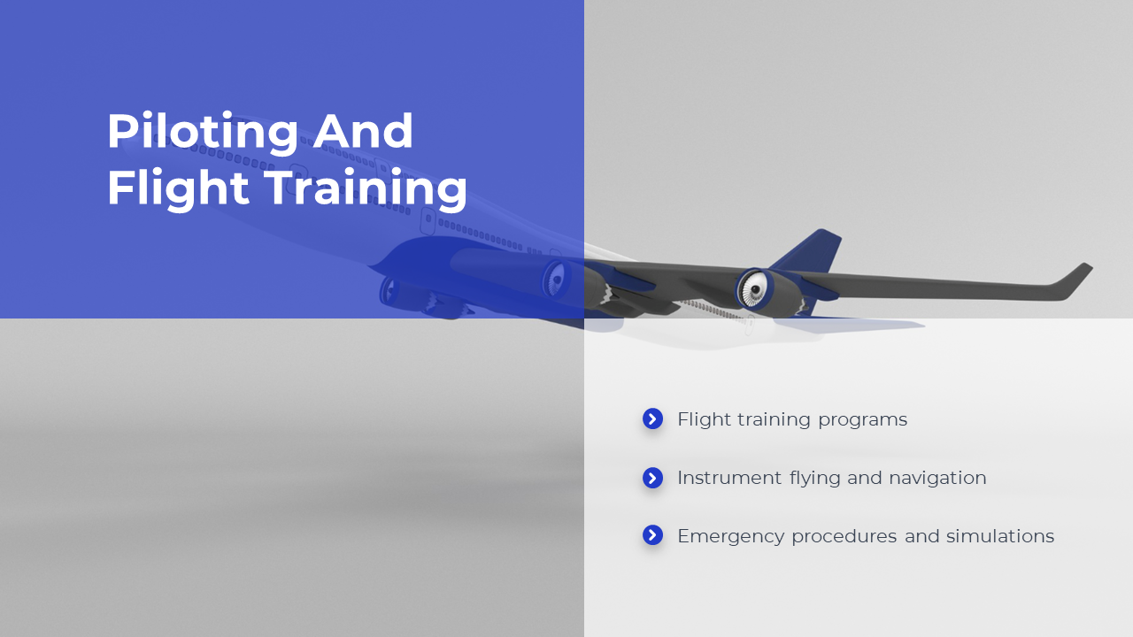 Slide featuring an airplane image with three bullet points, on a four quadrant layout in blue, gray and white.