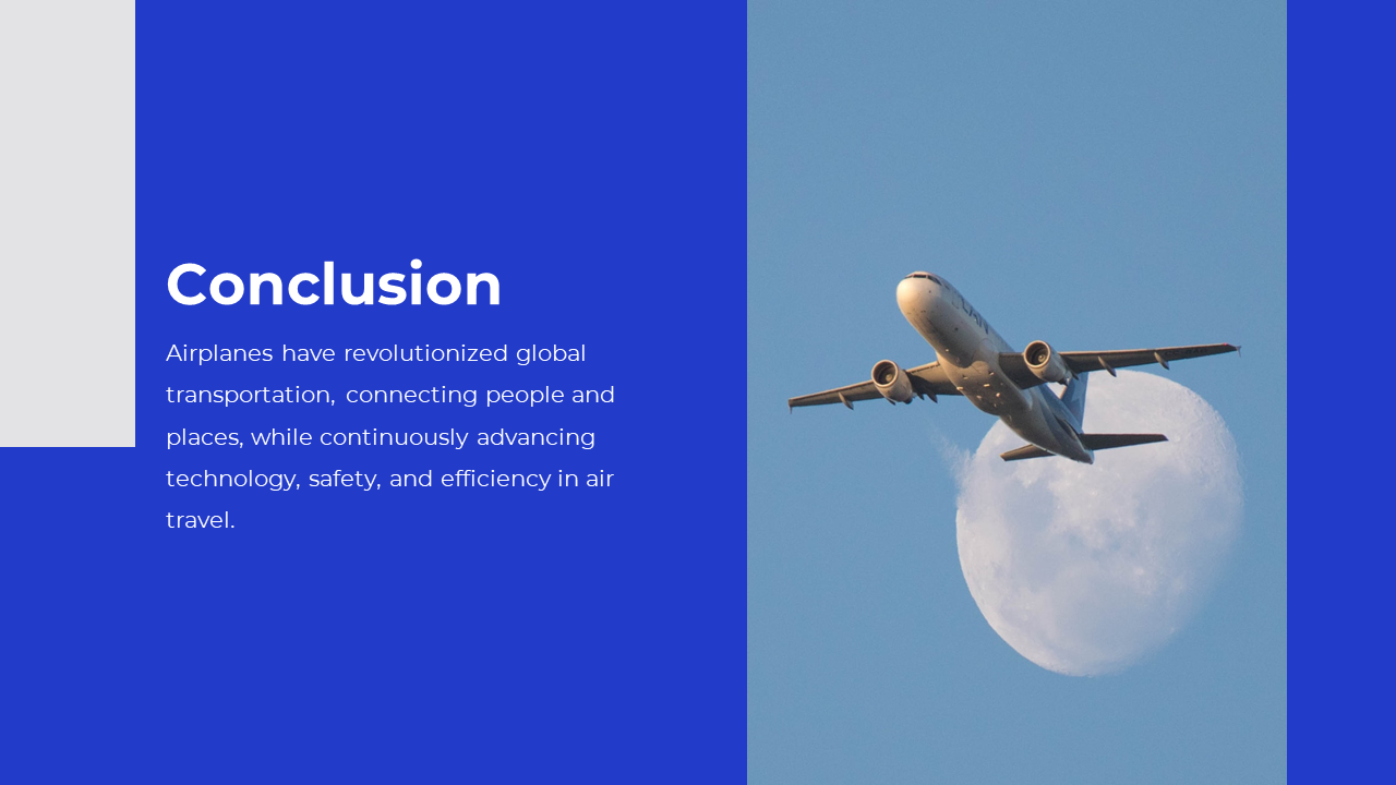 Blue slide featuring a large airplane flying in front of the moon and a paragraph of conclusion text.