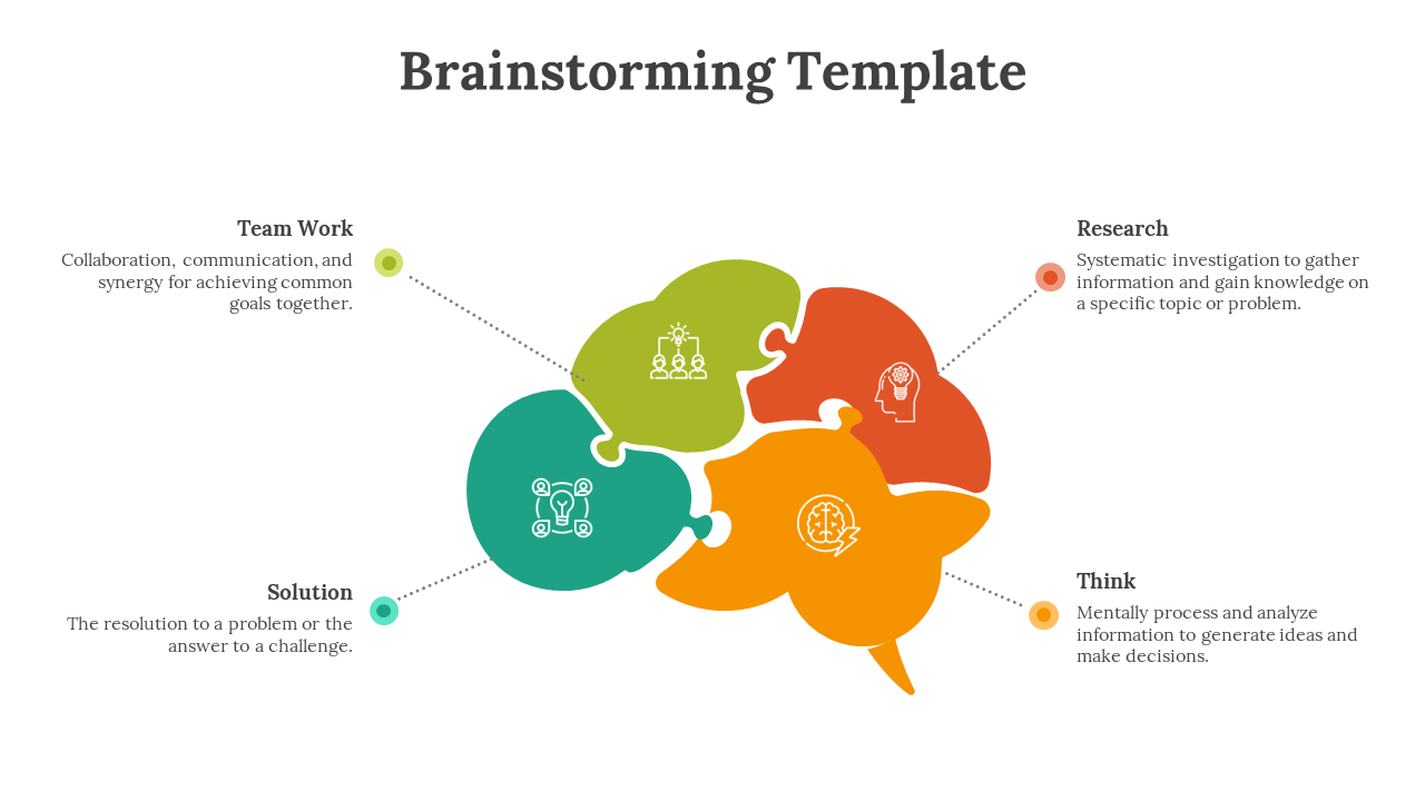 Brain shape formed by four colorful puzzle pieces in green, orange, red, and teal, with dotted lines and icons around them.