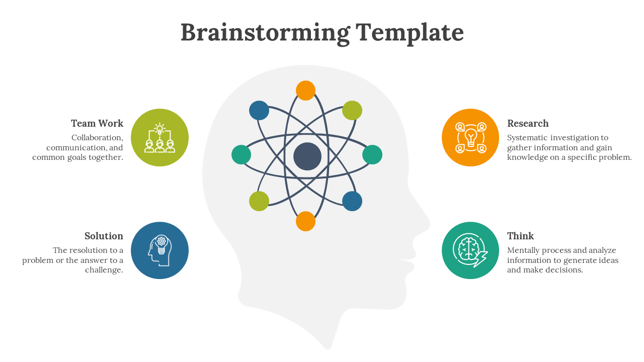 Gray silhouette of a head with a colorful atom inside, surrounded by four circular icons in green, orange, blue, and teal.