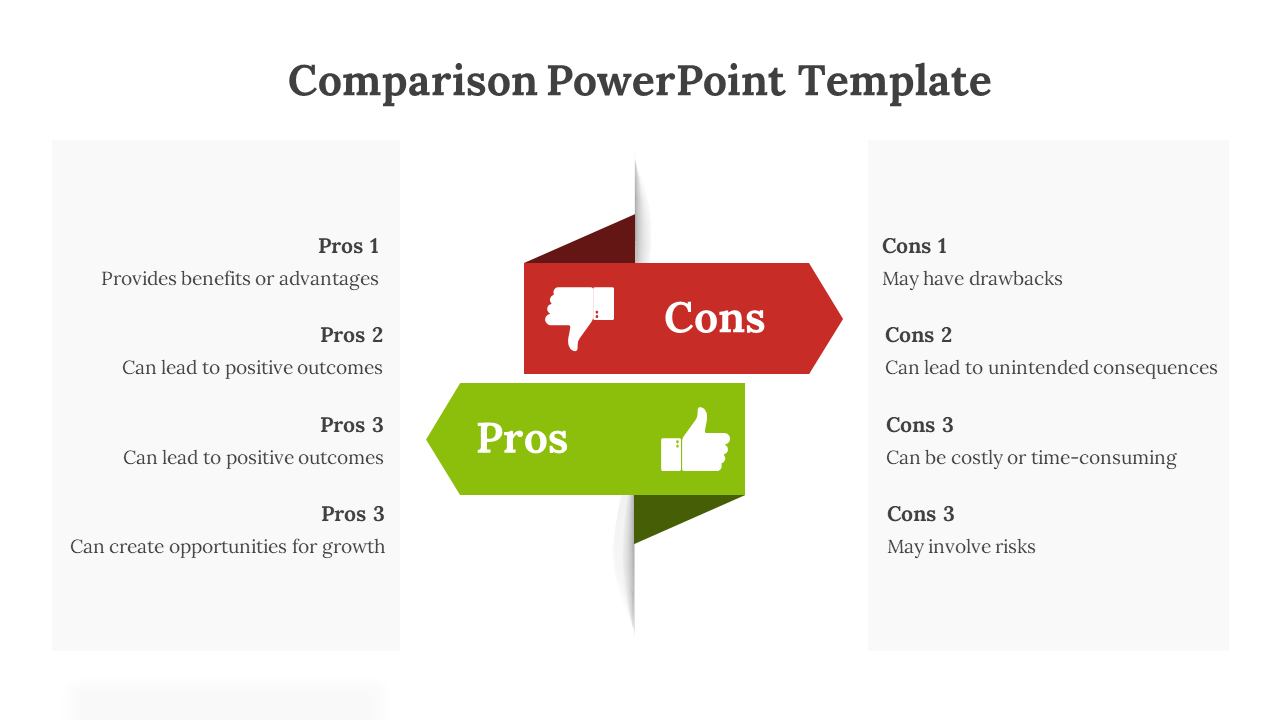 Comparison template with green and red arrows representing pros and cons, each with numbered bullet points.