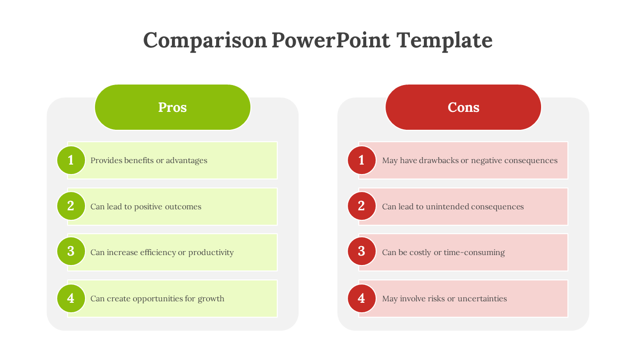 Comparison slide with green and red sections, each containing four numbered points in separate columns.