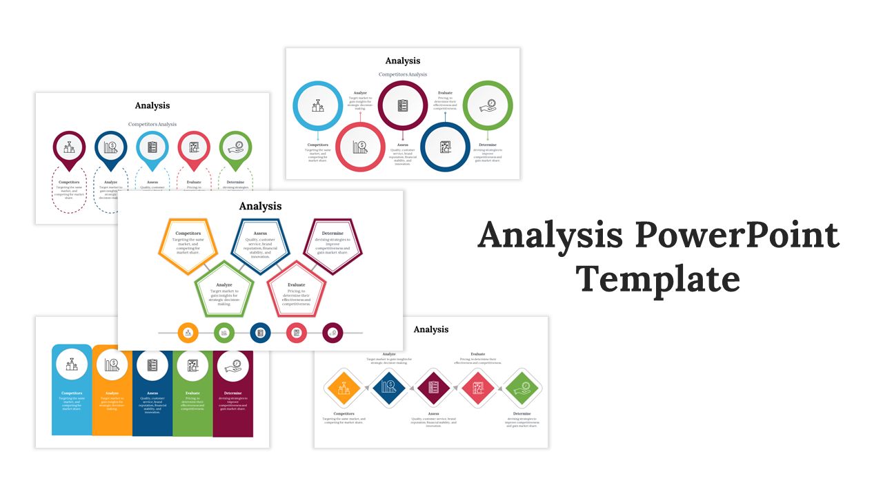 Variety of analysis slides featuring different layouts such as circles, hexagons, and rectangular shapes in vibrant colors.