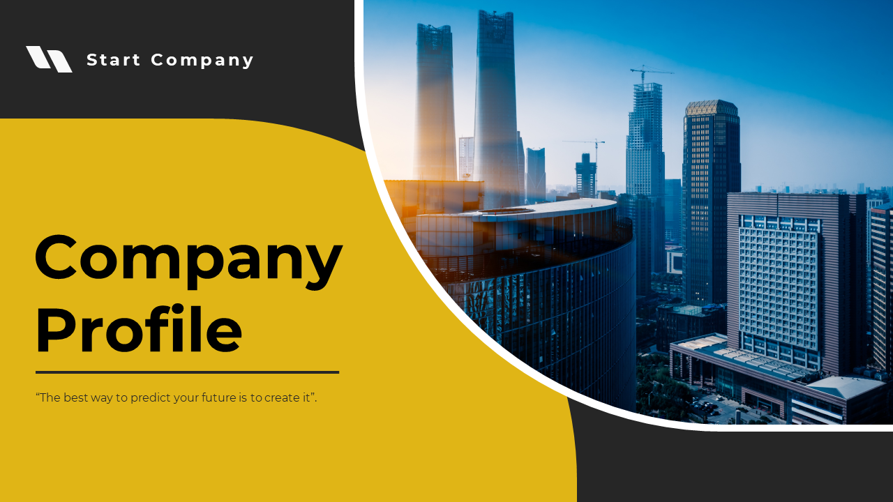 Business presentation cover slide deck with an urban skyline and company profile introduction.