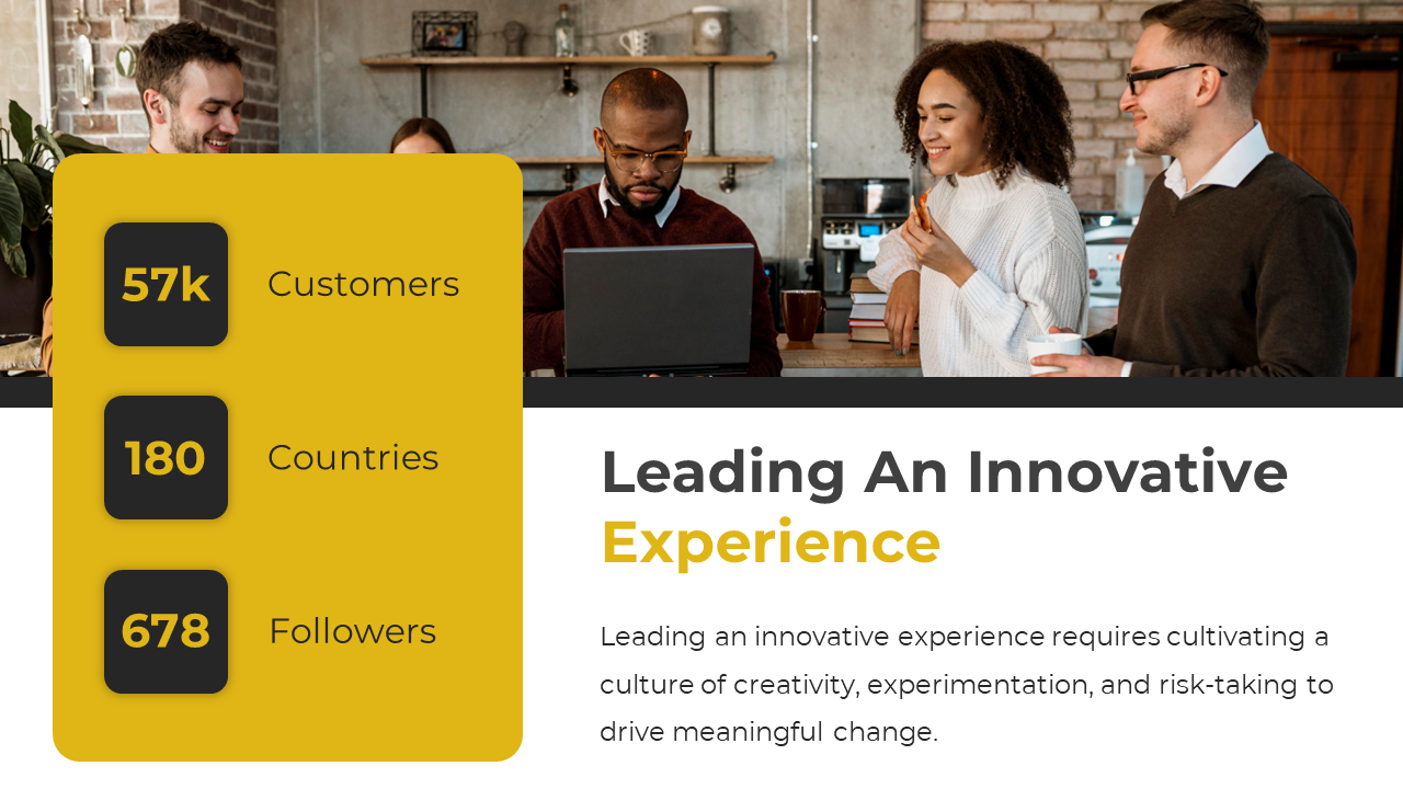 Leading an Innovative Experience slide with key metrics 57k customers, 180 countries, and 678 followers, alongside an image.