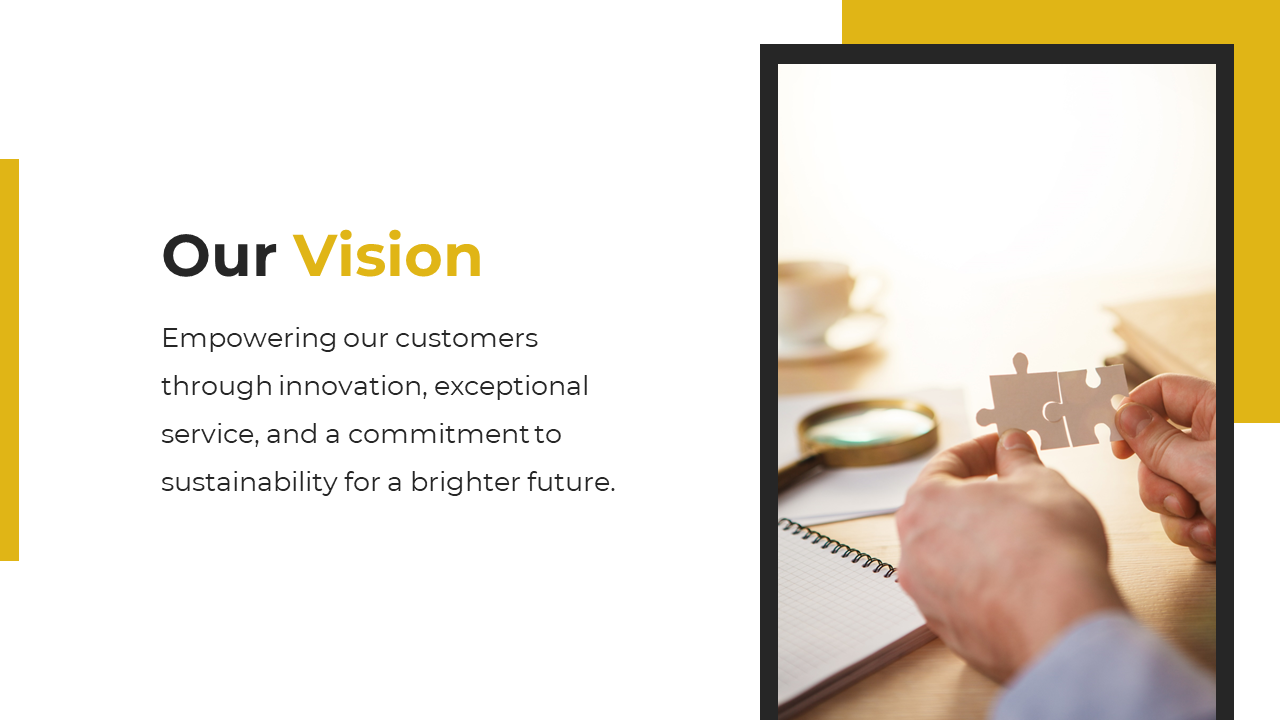 A slide showcases the company's vision to empower customers, accompanied by an image of a person fitting puzzle pieces.