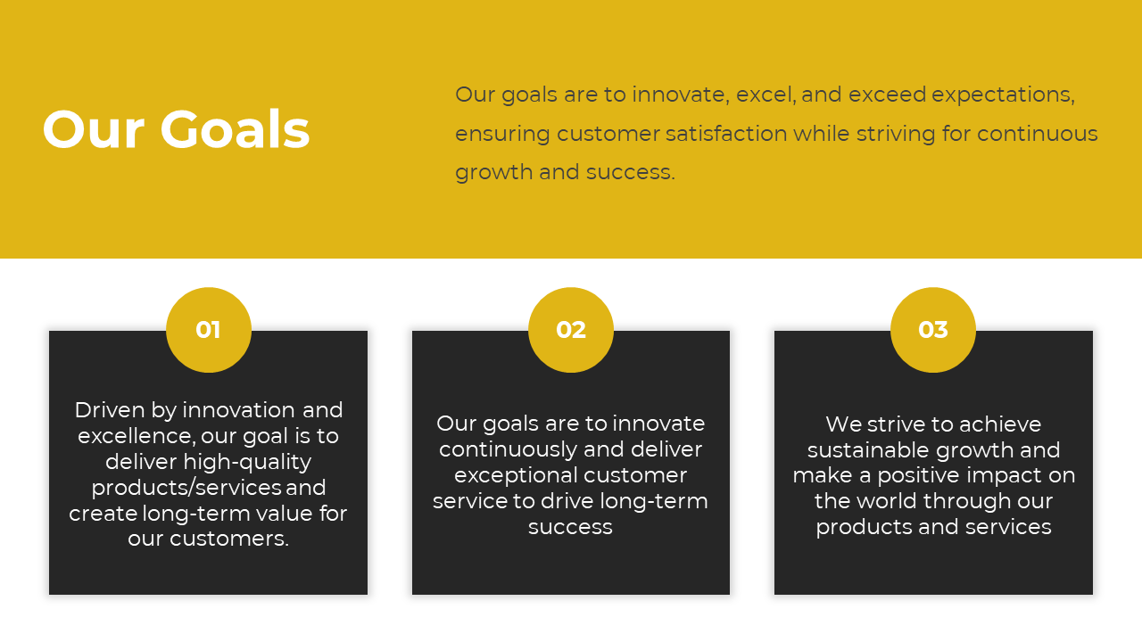 Our Goals slide showcases three key objectives in a black box on a yellow and white split backdrop with descriptions.