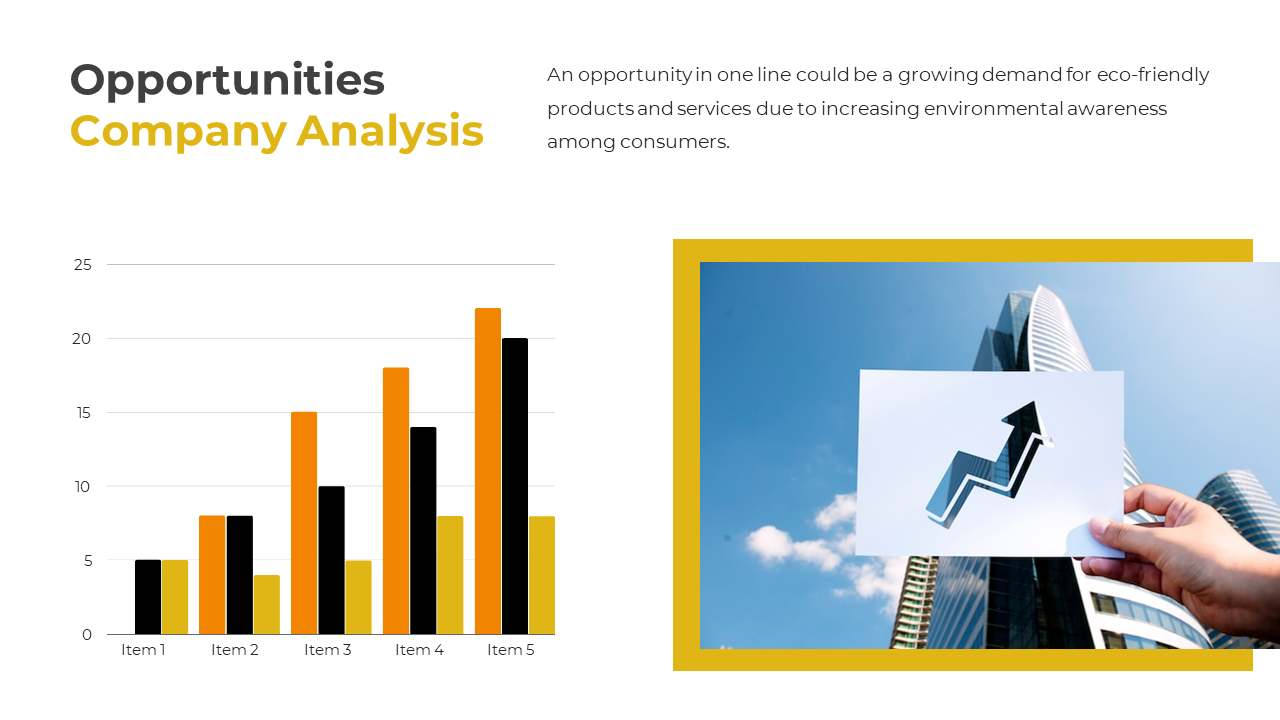 Opportunities PPT showing a company analysis with a bar chart and an image of a hand holding a rising arrow on a white theme.