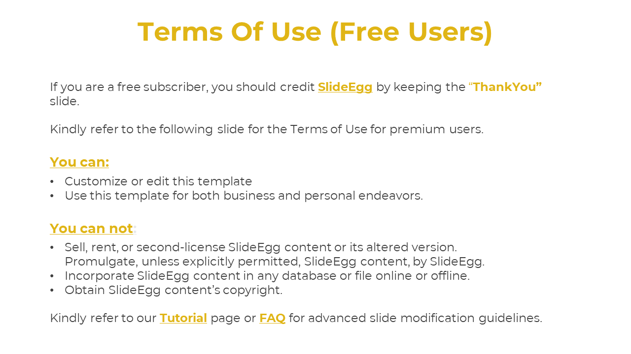 Terms of Use for free users of SlideEgg, including guidelines for crediting SlideEgg and using the template on a white theme.