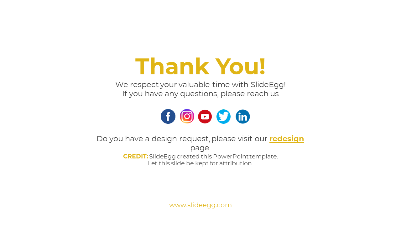 Thank You slide with social media links and a request for users to visit the SlideEgg redesign page on a white backdrop.