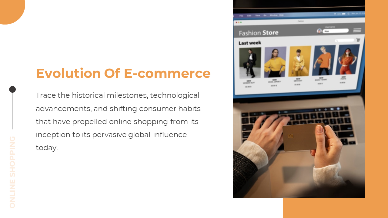 Slide with orange accents, showcasing a person holding a credit card while viewing an online fashion store on laptop.