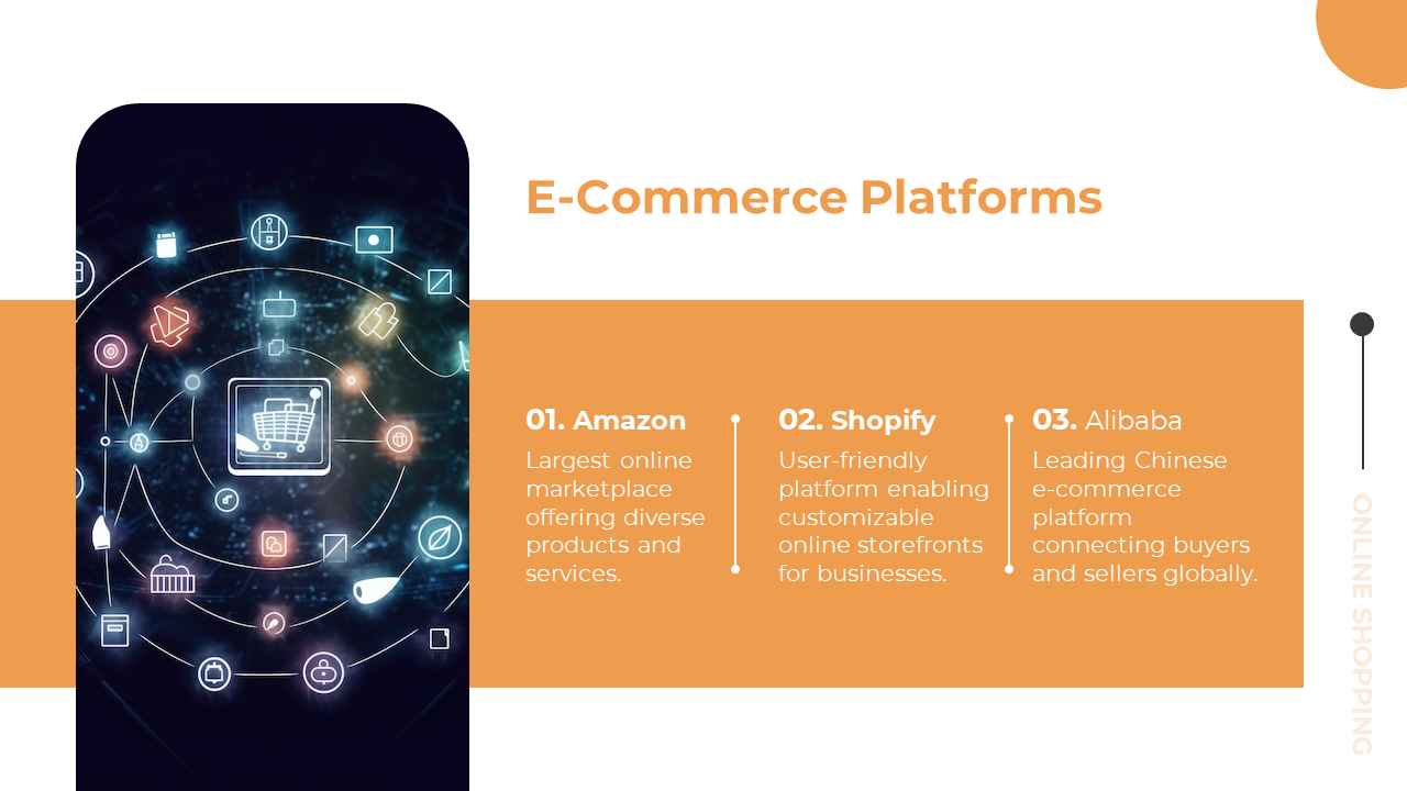 Slide with a focus on e commerce platforms, featuring colorful icons around a shopping cart symbol inside a phone.