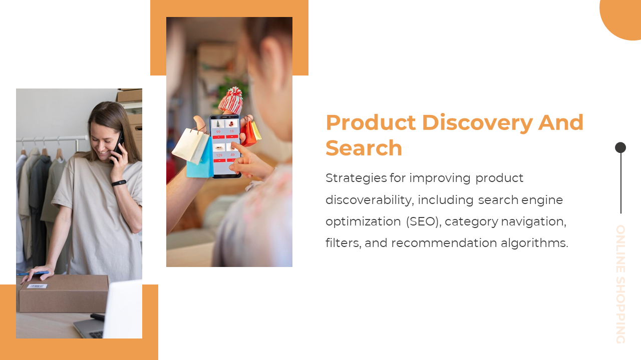 Slide with orange and white color scheme, featuring a person on the phone, and the other shows a mobile shopping interface.
