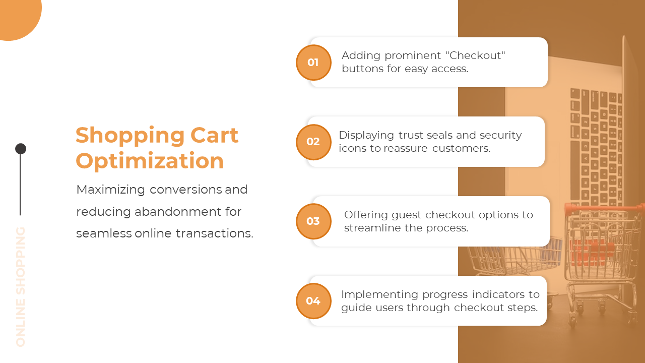 Split layout with one image of a shopping cart next to a laptop, accented with four orange circles and text boxes.