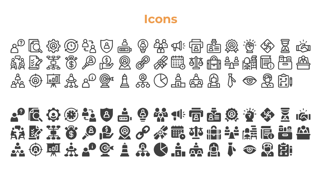 Grid of various line and slolid style icons, including business, people, and marketing related symbols.