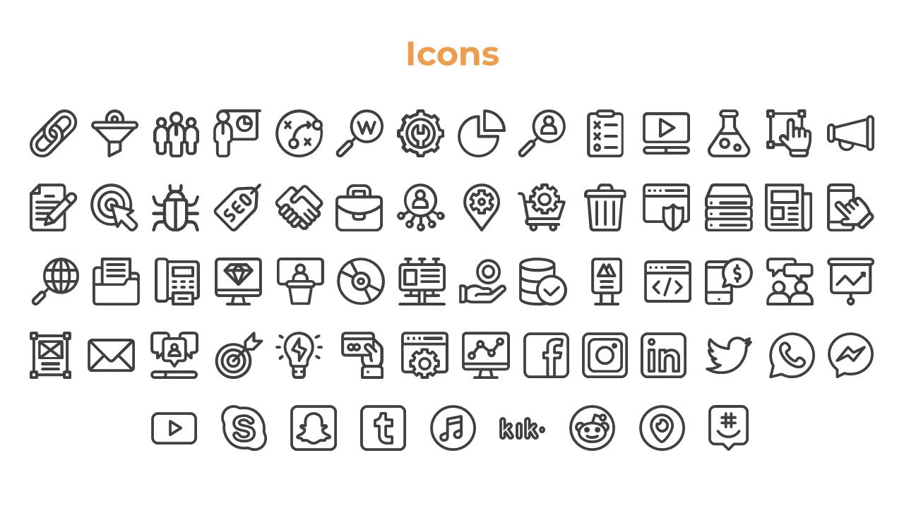 Slide showcasing a variety of icons, including social media, analytics, and business-related symbols, in simple line art.