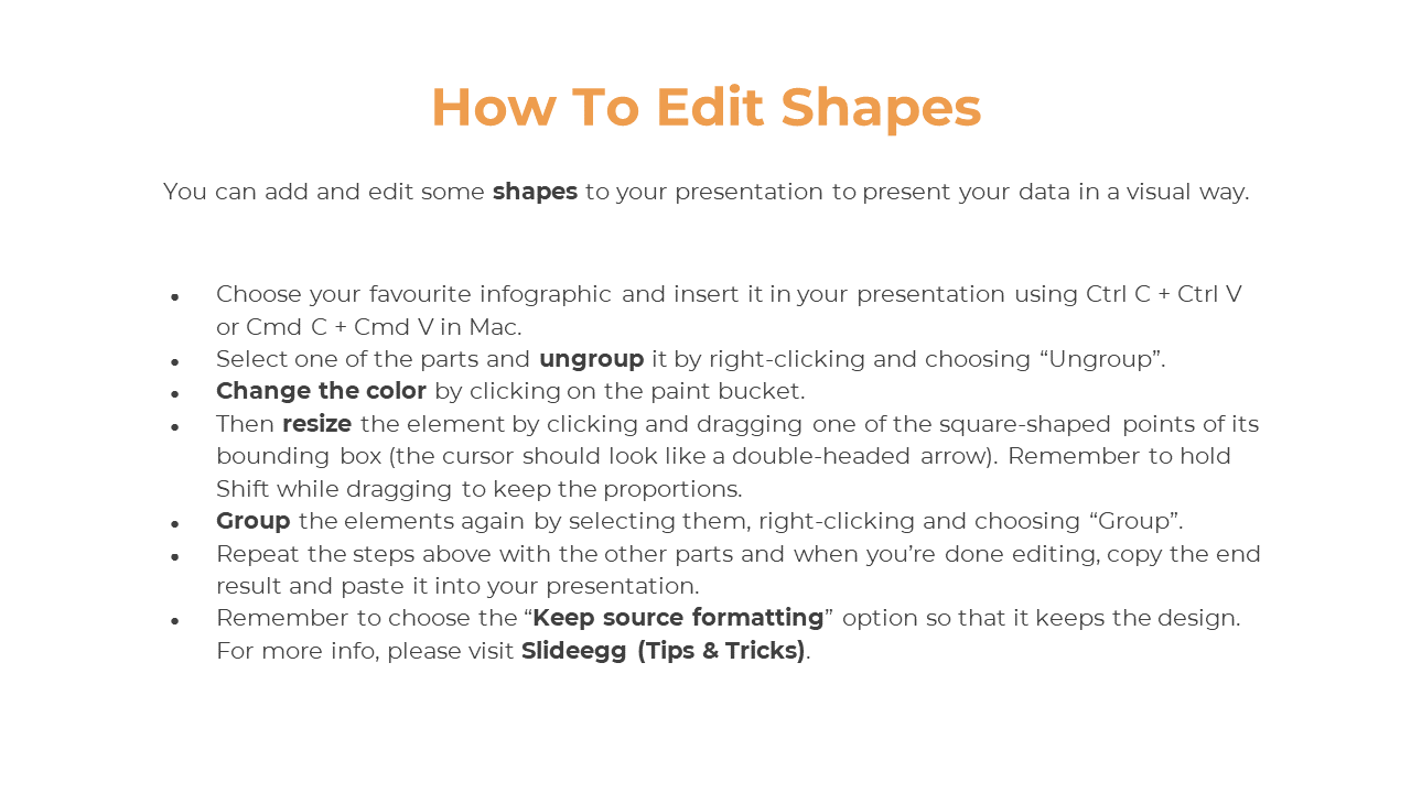 Slide explaining how to edit shapes with bulleted instructions, using orange title and black text with a clean layout.