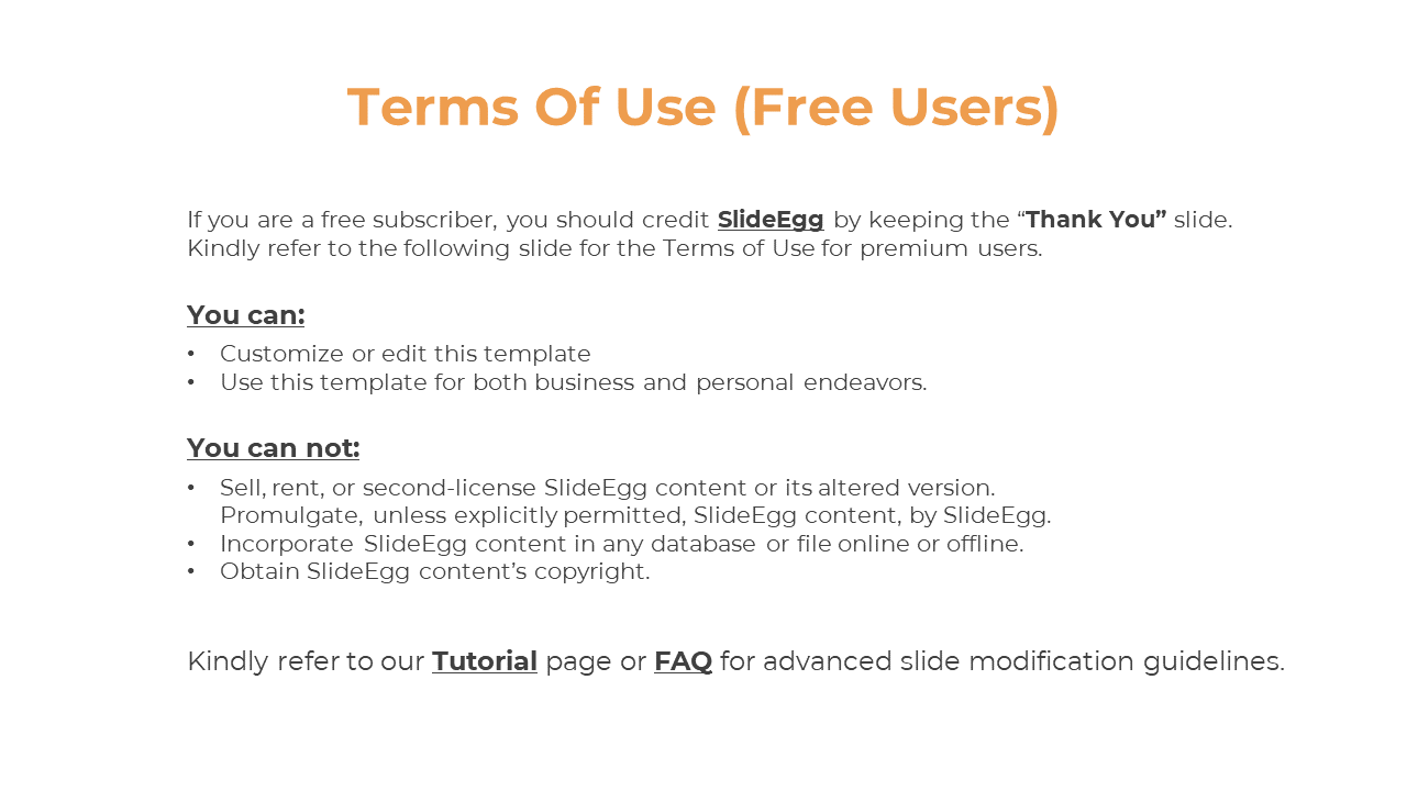 Terms of use slide for free users, with orange title and instructions about crediting and restrictions on use.