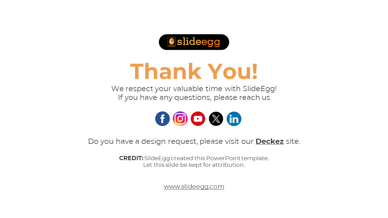 Thank you slide with an orange heading, social media icons below, and a footer for design requests and website link.