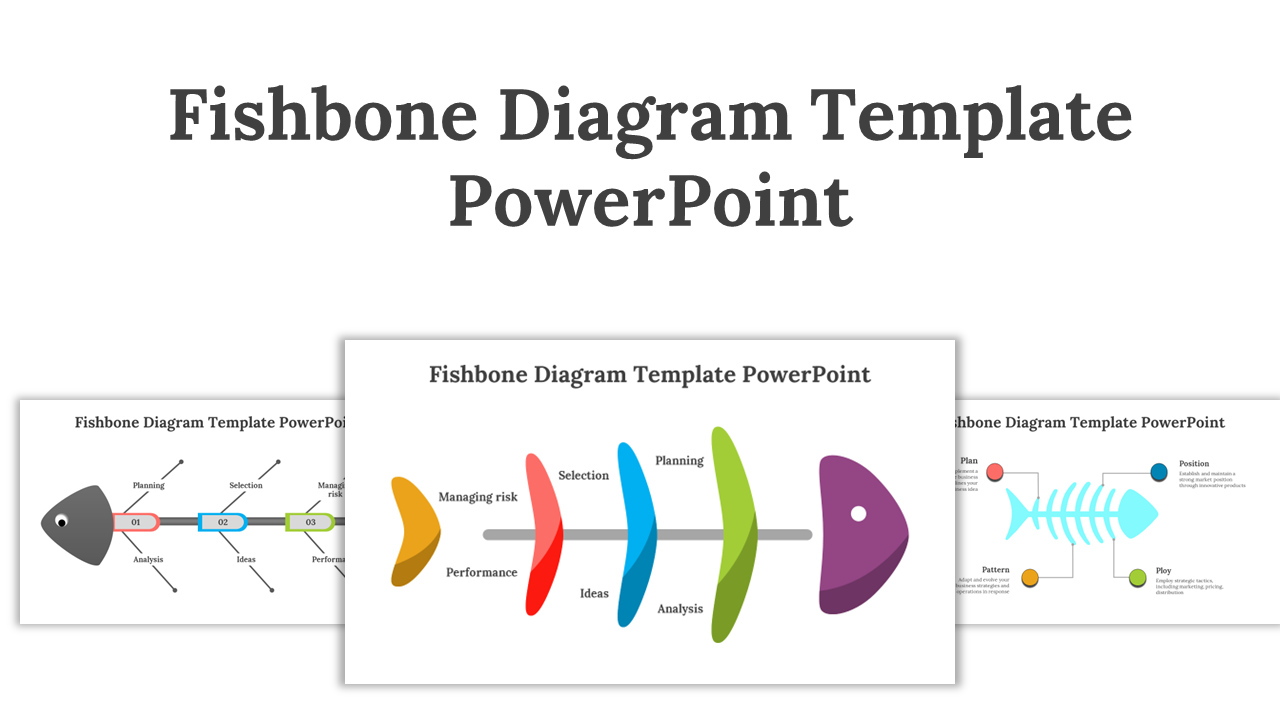 Slide deck featuring multiple fishbone diagram styles, including arrows, labels, and vibrant color schemes.