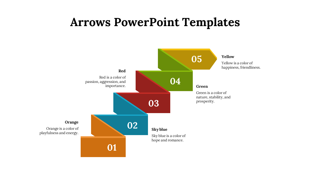 Colorful arrows representing orange, blue, red, green, and yellow with their color descriptions, in a zigzag layout.