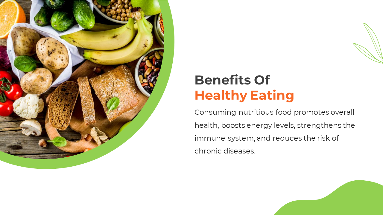 Slide with a mix of fruits, vegetables, and grains, framed with green accents to highlight the benefits of healthy eating.
