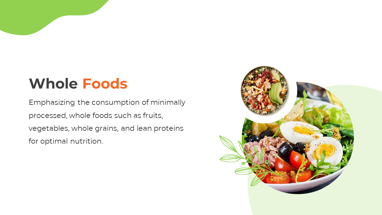 Slide featuring circular images of whole foods like a salad and grain bowl, with green leaf accents.
