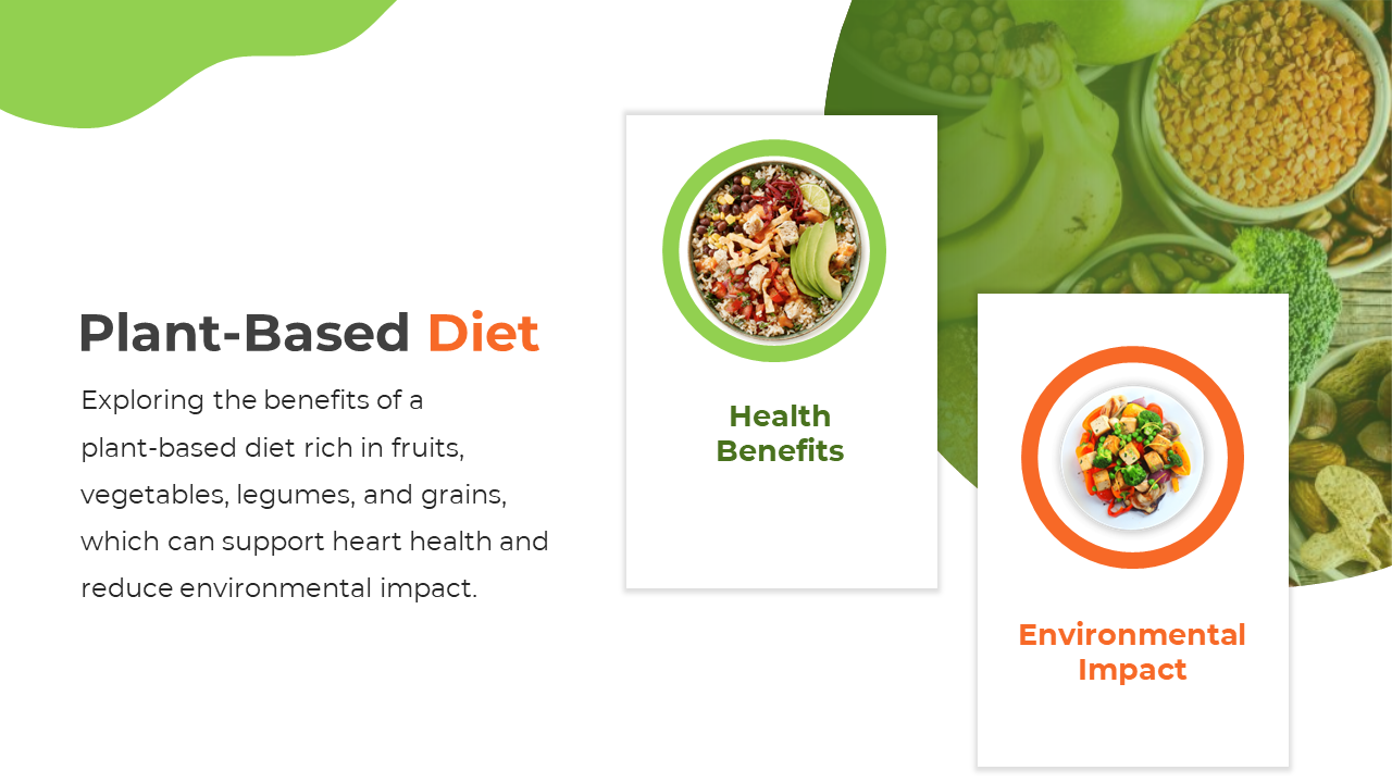 Slide with two cards showing plant based dishes, framed in green and orange circles, with text.