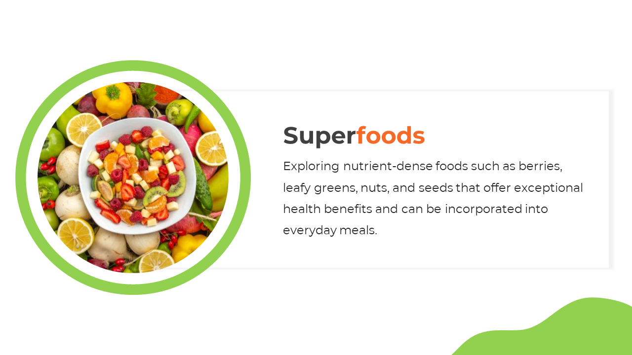 Slide with a circular image of a fruit salad surrounded by colorful fruits, framed with a green border and a white text area.