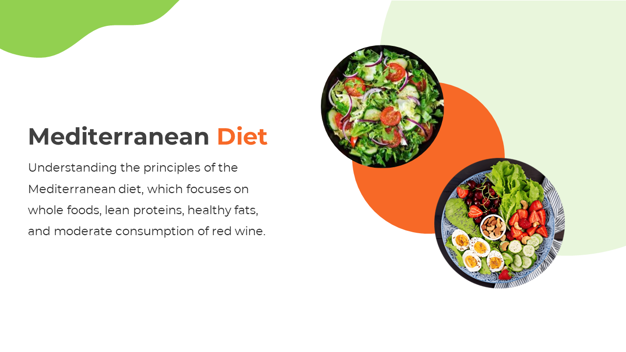 Slide with two circular images of healthy dishes, featuring vibrant salads, and accented with green and orange shapes.