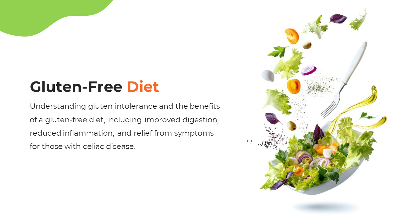 Slide with floating vegetables and a fork, symbolizing a gluten free diet, with green design elements.
