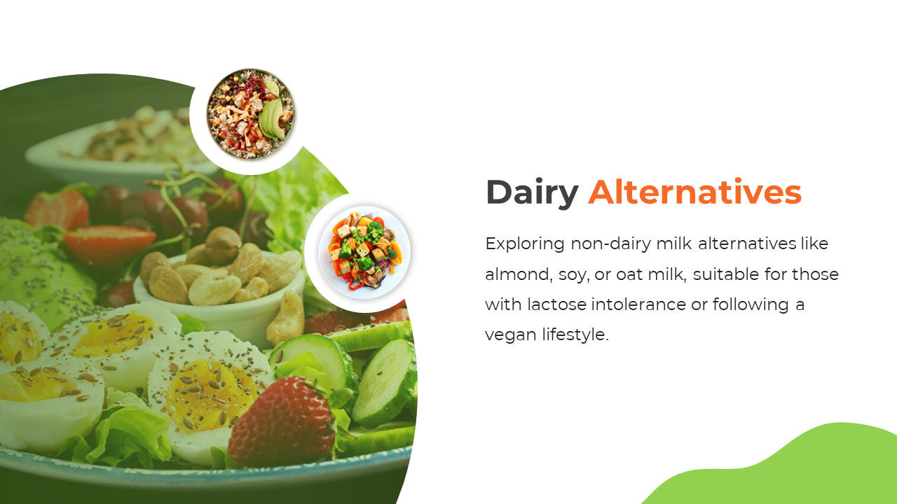 Slide featuring images of healthy foods like eggs, salad, and grains, with circular frames and green accents.