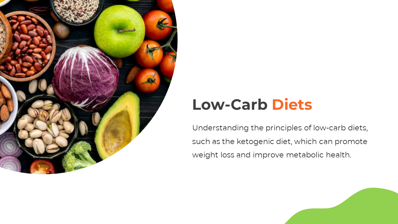 Slide showcasing low carb foods such as avocado, broccoli, and nuts, framed with green design elements.