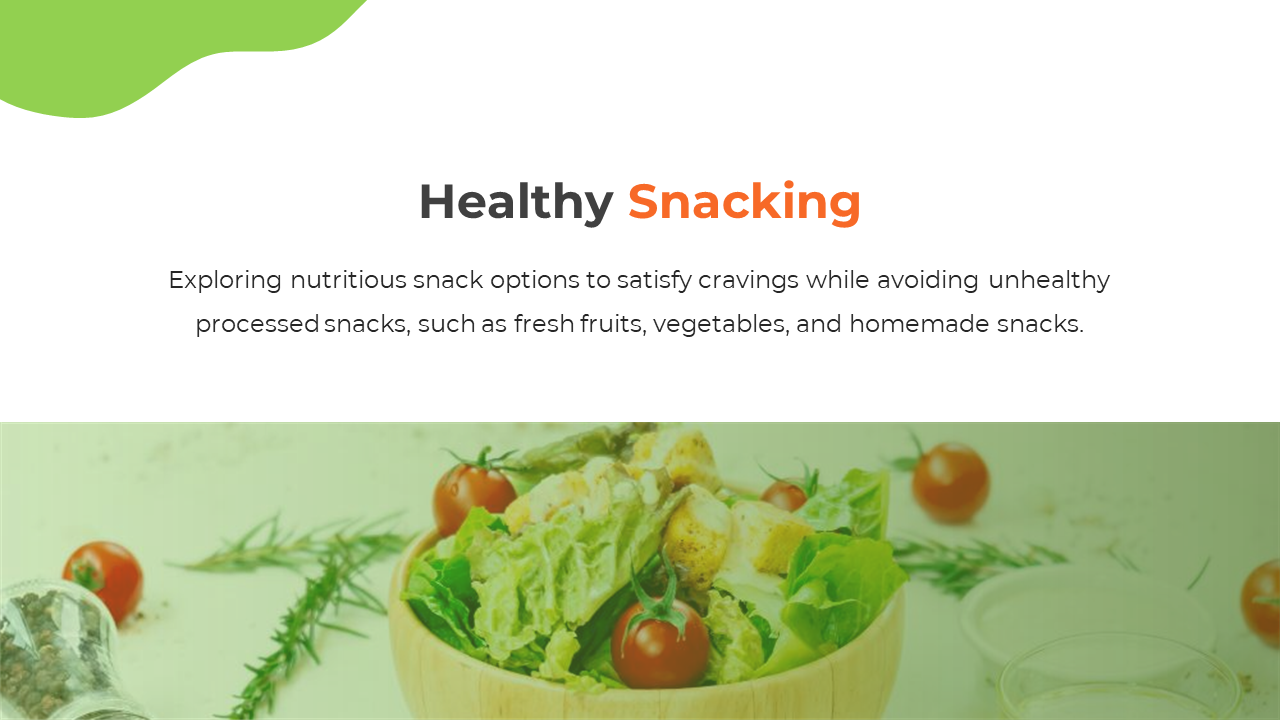 Slide with a close up image of a salad with tomatoes, topped with fresh ingredients, on a green tinted backdrop.