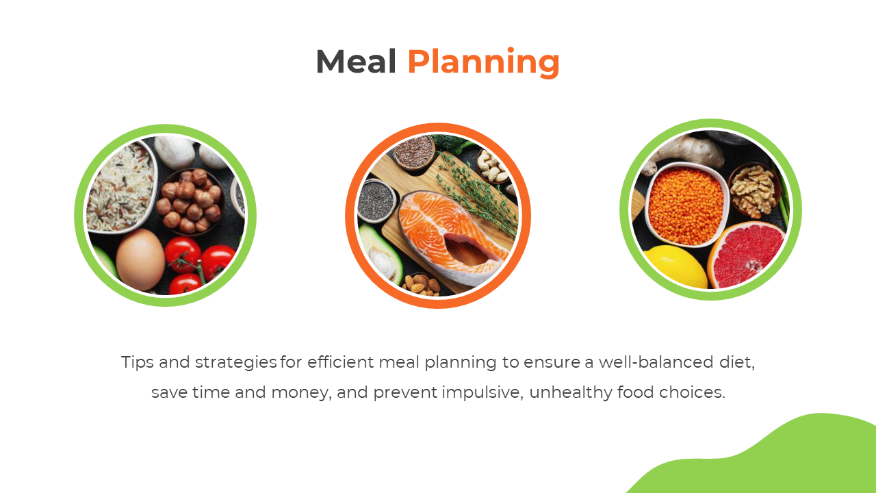 Three circular frames with vibrant green and orange borders showcasing food items, centered with a heading.