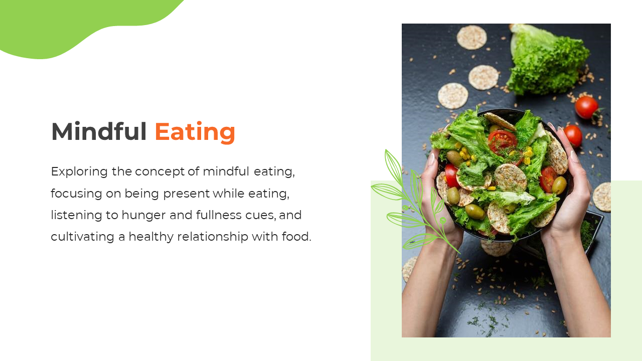 Slide with green and white accents, featuring hands holding a bowl of fresh salad and leaf elements, on a dark background.