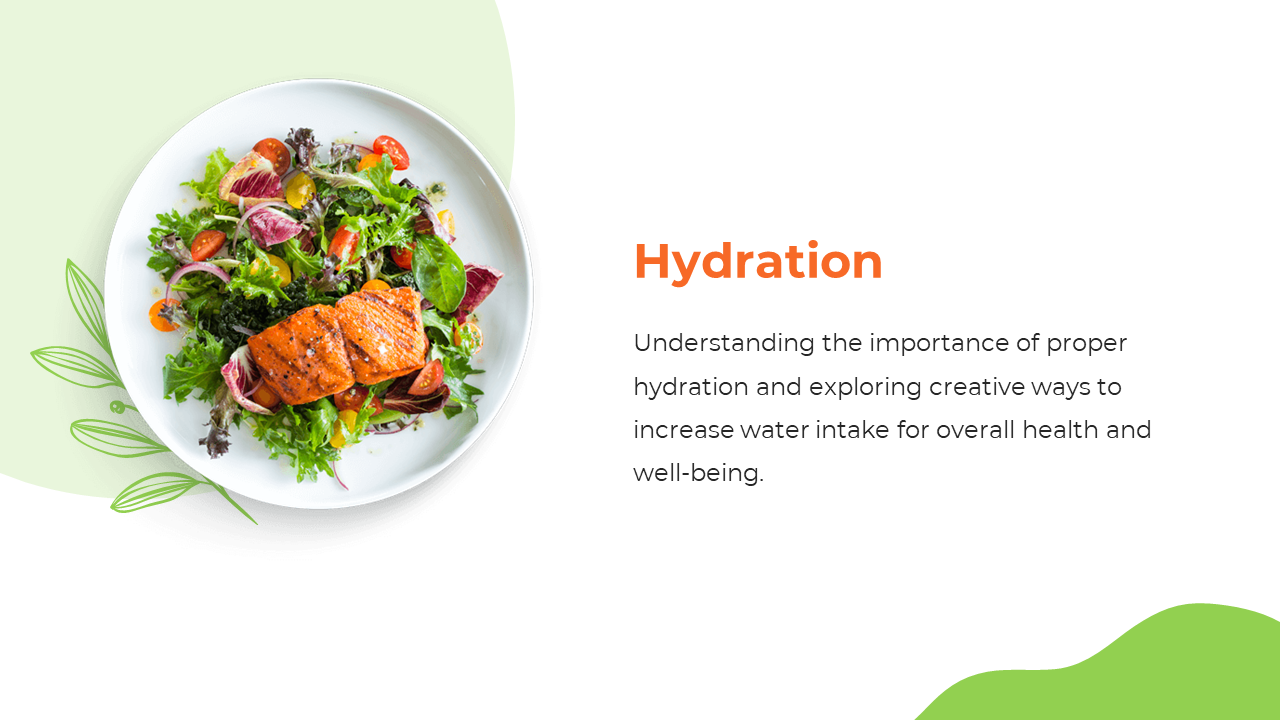 Hydration slide with soft green and white background, featuring a plate of salmon and salad with decorative leaves.
