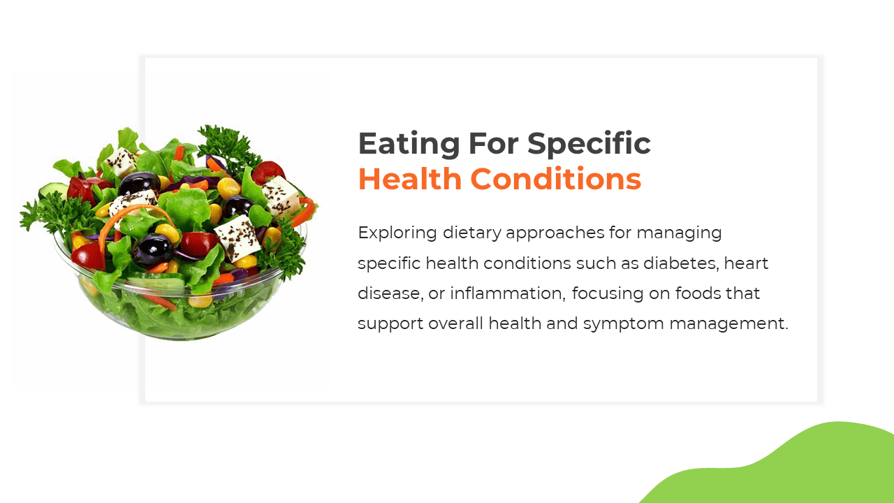 Slide featuring green salad bowl with colorful vegetables on the left, with text in black and orange, on a white background.